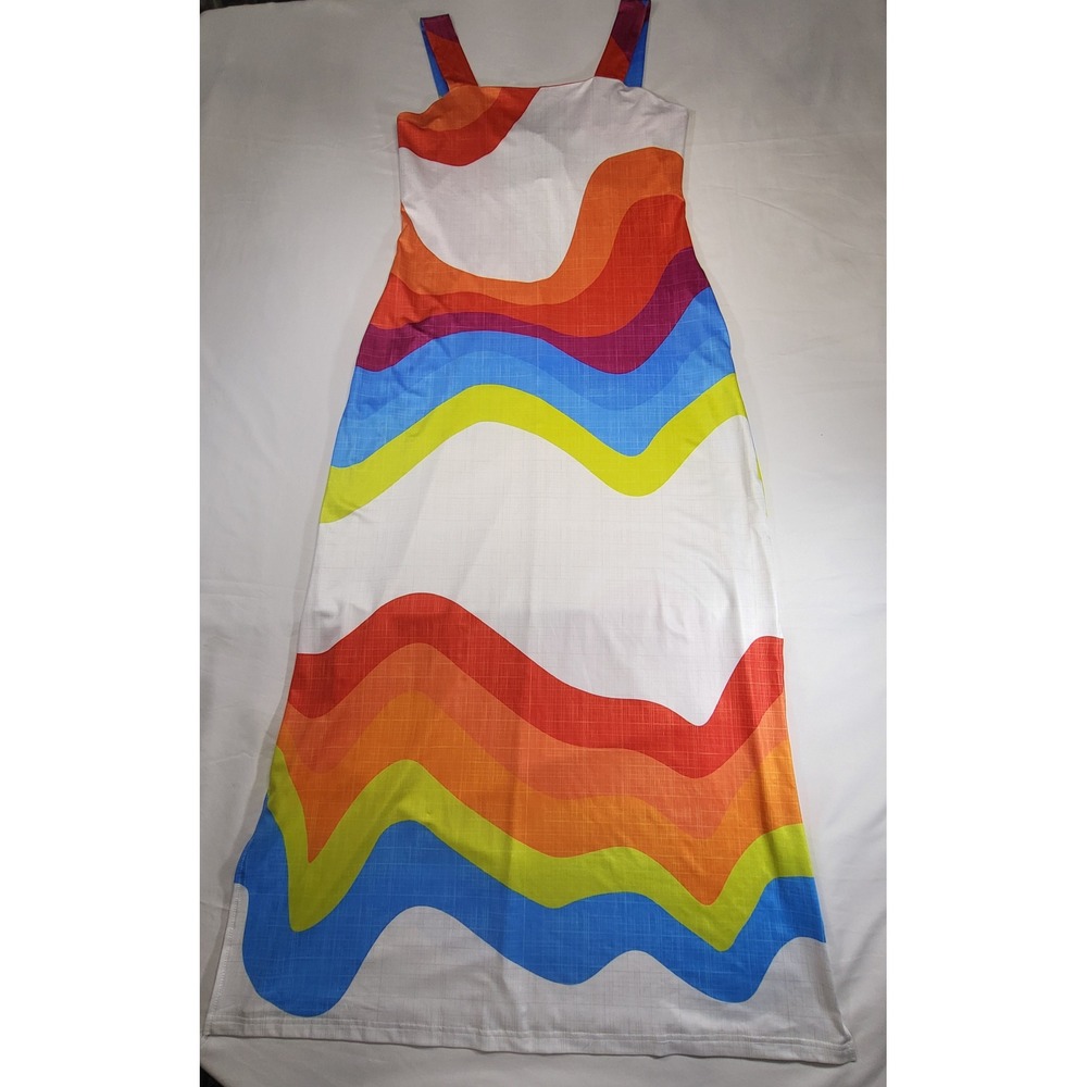 ChicMe Rainbow Wave Print Maxi Dress XL Square Neck Sleeveless Retro w/ Pockets